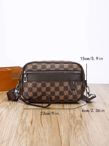 Men's casual geometric pattern messenger bag in PU leather with large capacity.