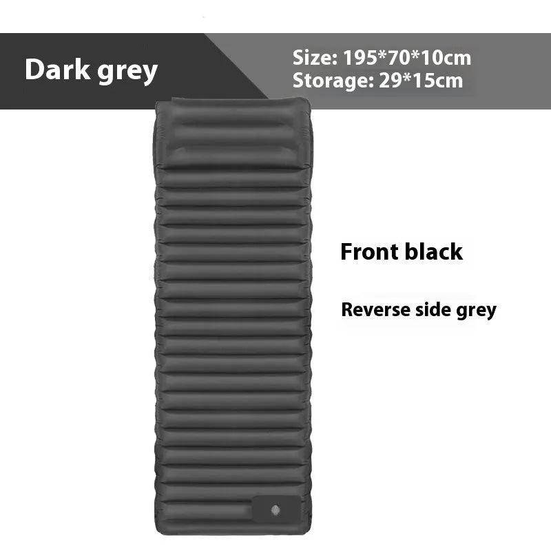 Single inflatable camping mattress in grey, shown at 195 cm length and 10 cm thickness.