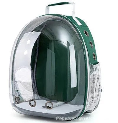 Grey PC plastic side opening pet carrier backpack for cats on a white background.