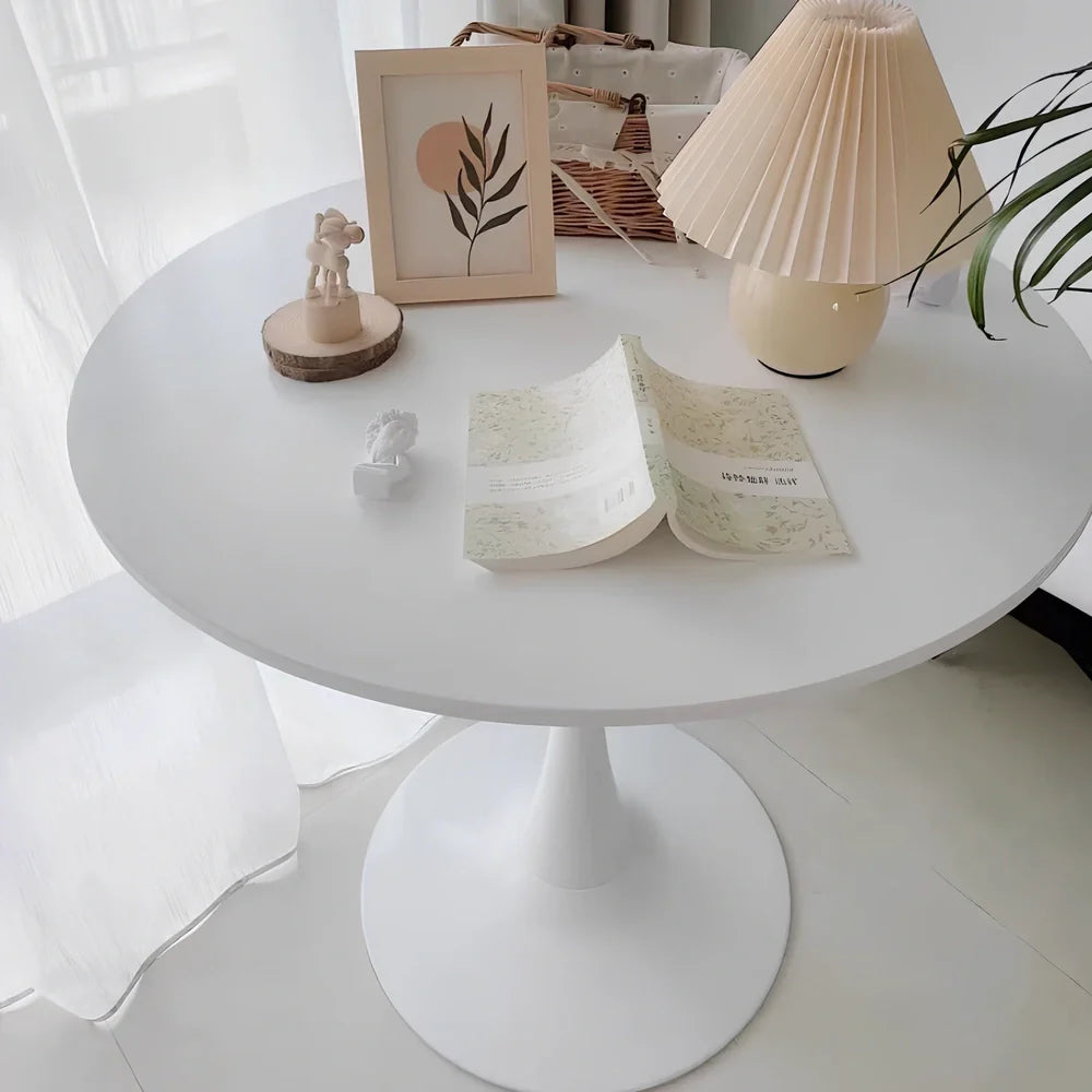 Scandinavian style conference table with folding chairs in white finish, 60cm diameter