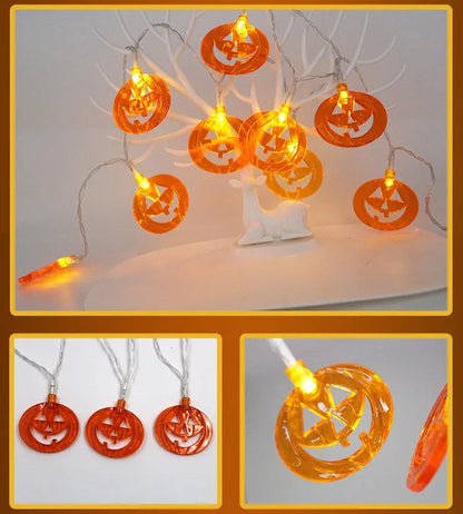 Halloween LED string lights with bat, ghost, and pumpkin pendants on a 1.2 metre white cable.