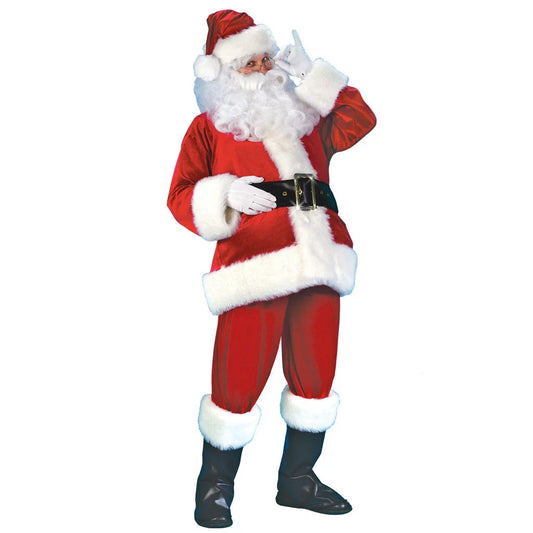 Premium Santa Claus costume with red and white design, including hat, top, pants, belt, boot covers, gloves, and beard