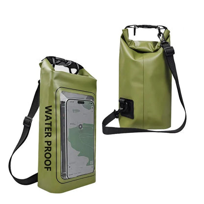 A waterproof crossbody bag in various colours, suitable for carrying a mobile phone outdoors.