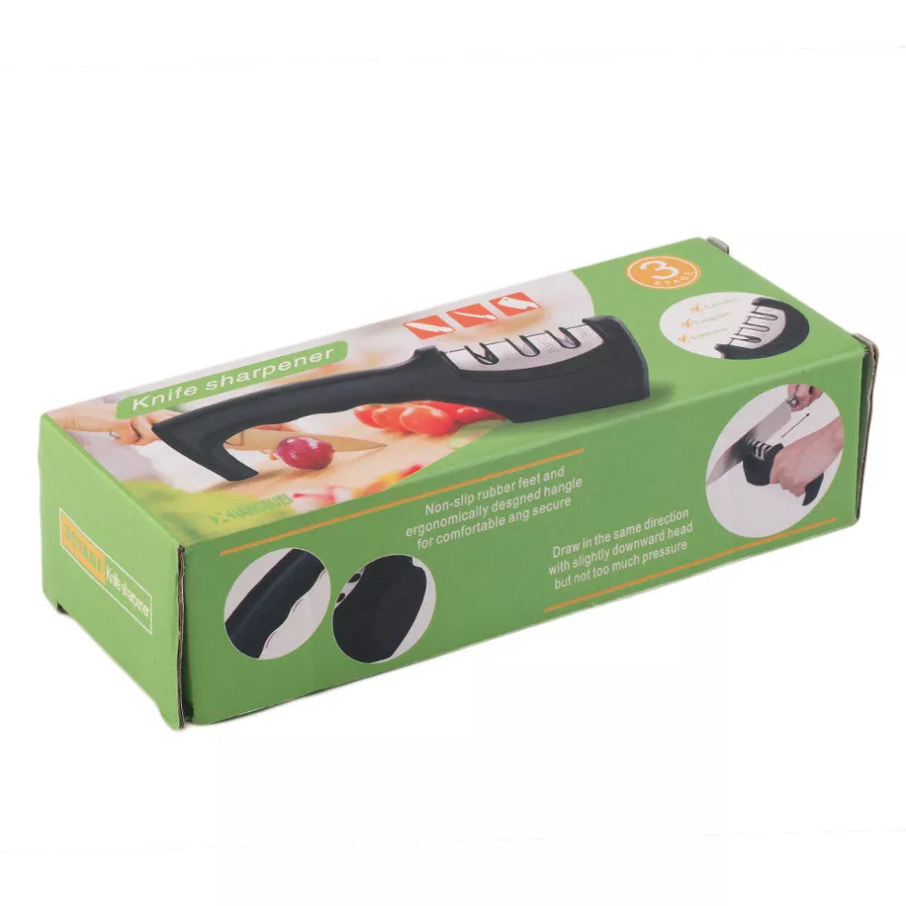 Professional knife sharpener with three-level sharpening system and anti-slip base