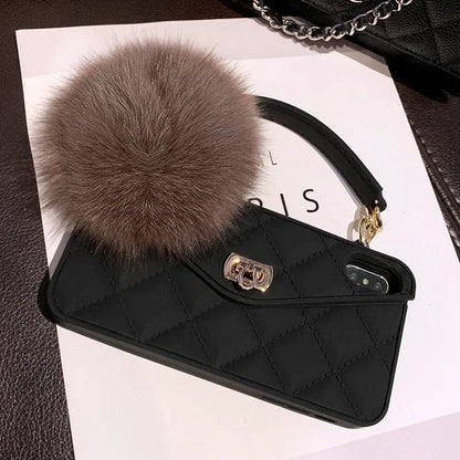 Hairball phone case in dark green grid colour with plush texture, fitting an iPhone