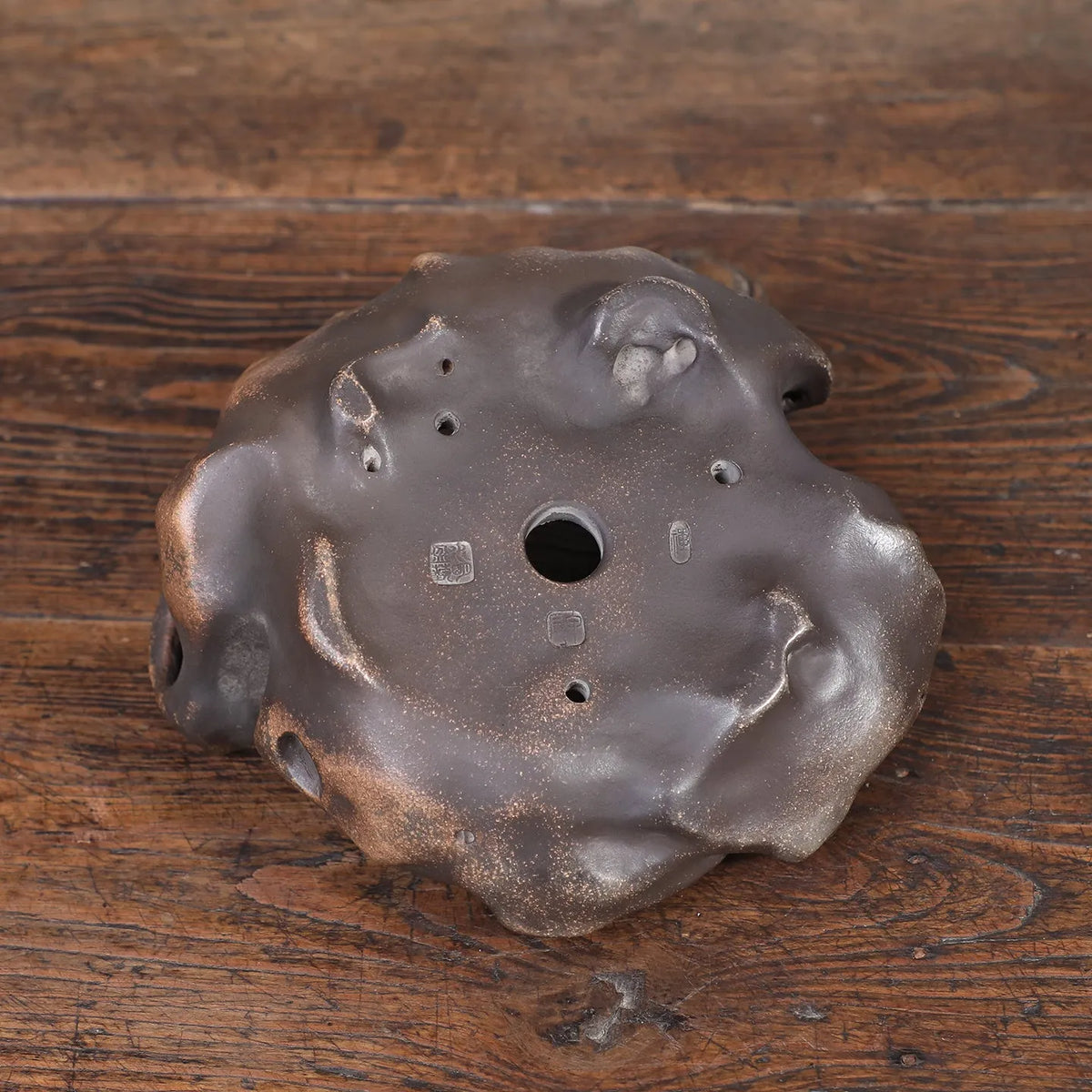 Brown mud ceramic flower pot with Taihu Lake stone shaped form, 21x10x7cm, for desktop bamboo and orchid planting