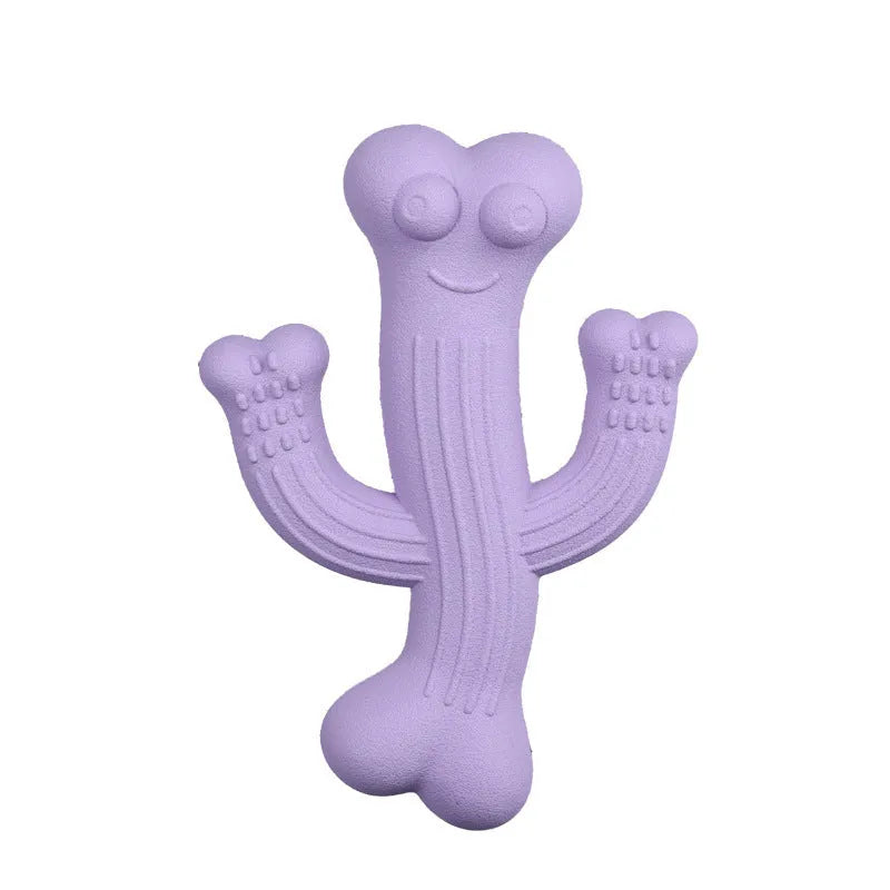 Beige, blue or purple cactus-shaped dog chew toy made from bamboo fibre and rubber on a white background.