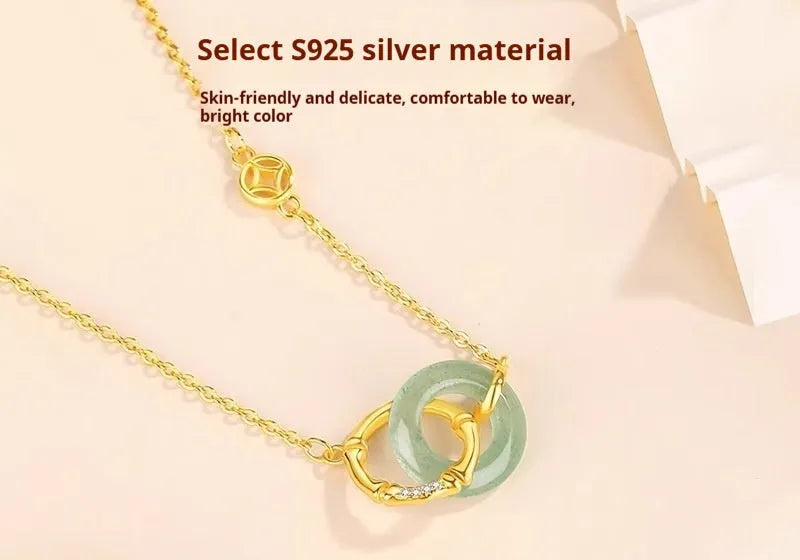 Women's sterling silver bamboo joint peace buckle necklace, handmade S925 silver O-ring chain necklace with adjustable 41cm-50cm length and pearl accent, unisex geometric jewellery in net red wind style for everyday wear.