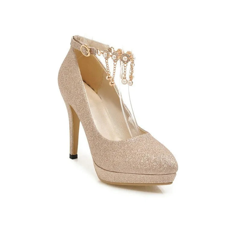 Women's platform high heels with stiletto heel in blue, pink, gold, or silver, showing pointed toe and available cutting depths.