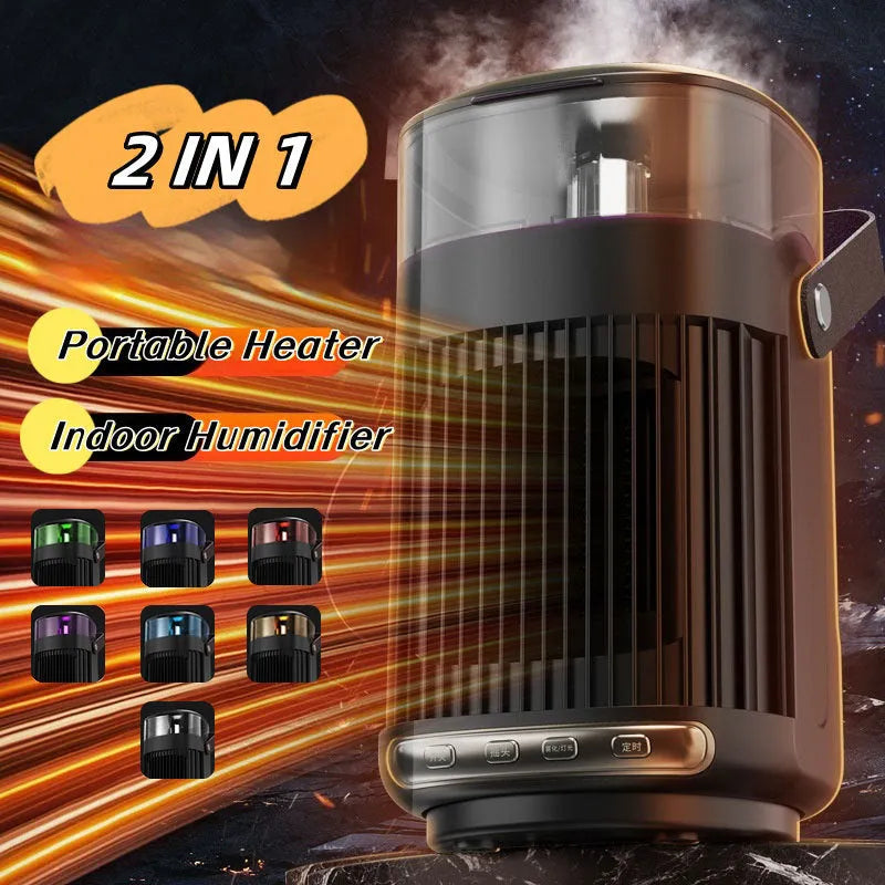 Black portable heater with humidifier measuring 24x13x13cm with front control panel and shaking head mechanism