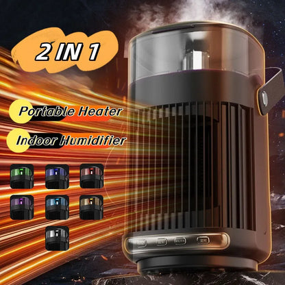 Black portable heater with humidifier measuring 24x13x13cm with front control panel and shaking head mechanism