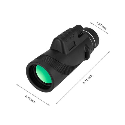 Black HD 40x60 monocular telescope with smartphone attached, showing 40x magnification and compact design.