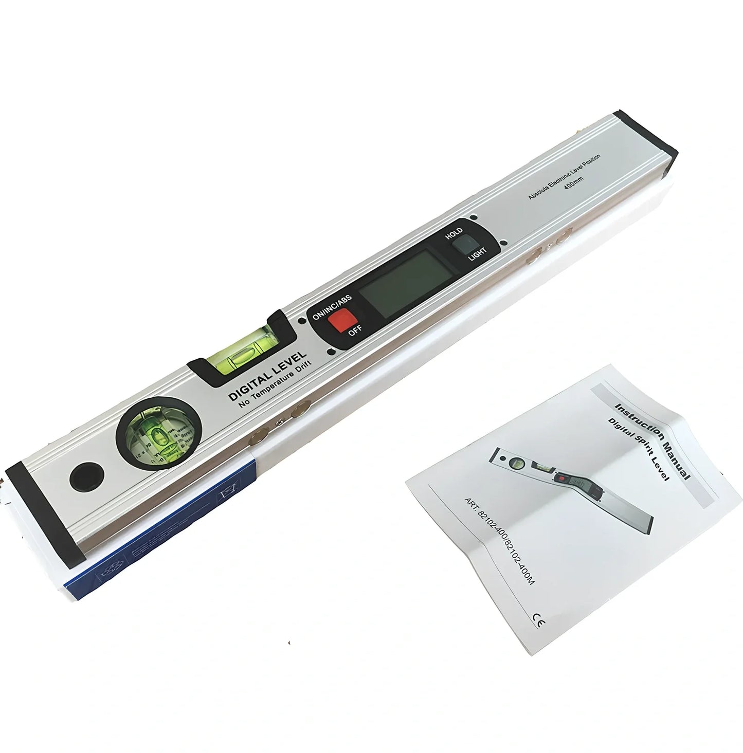 Digital magnetic angle meter with 400mm ruler length showing flip-up LCD display and four built-in magnets on base
