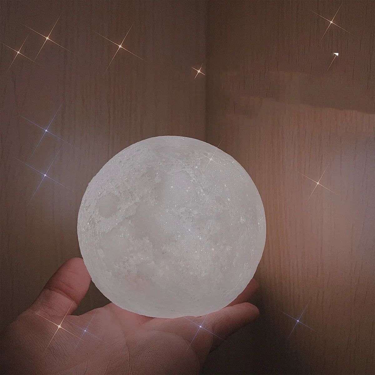 3D printed PVC moon lamp LED night light with warm white glow on stand