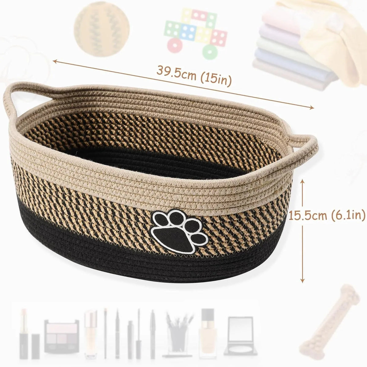 Handmade light beige cotton rope storage basket with handle, dimensions 34cm by 26cm by 15cm