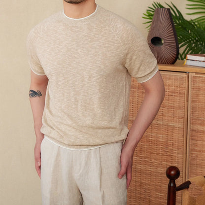 Brown linen-cotton blend casual T-shirt with round neck and short sleeves on a hanger