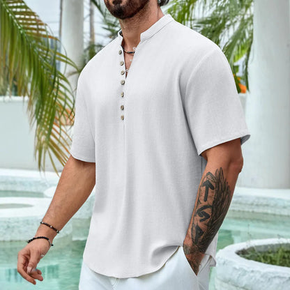 Men's deep V-neck short sleeve casual shirt in cotton linen blend available in multiple colours