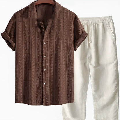Men's loose short sleeve shirt and trousers summer suit in milk silk polyester fabric