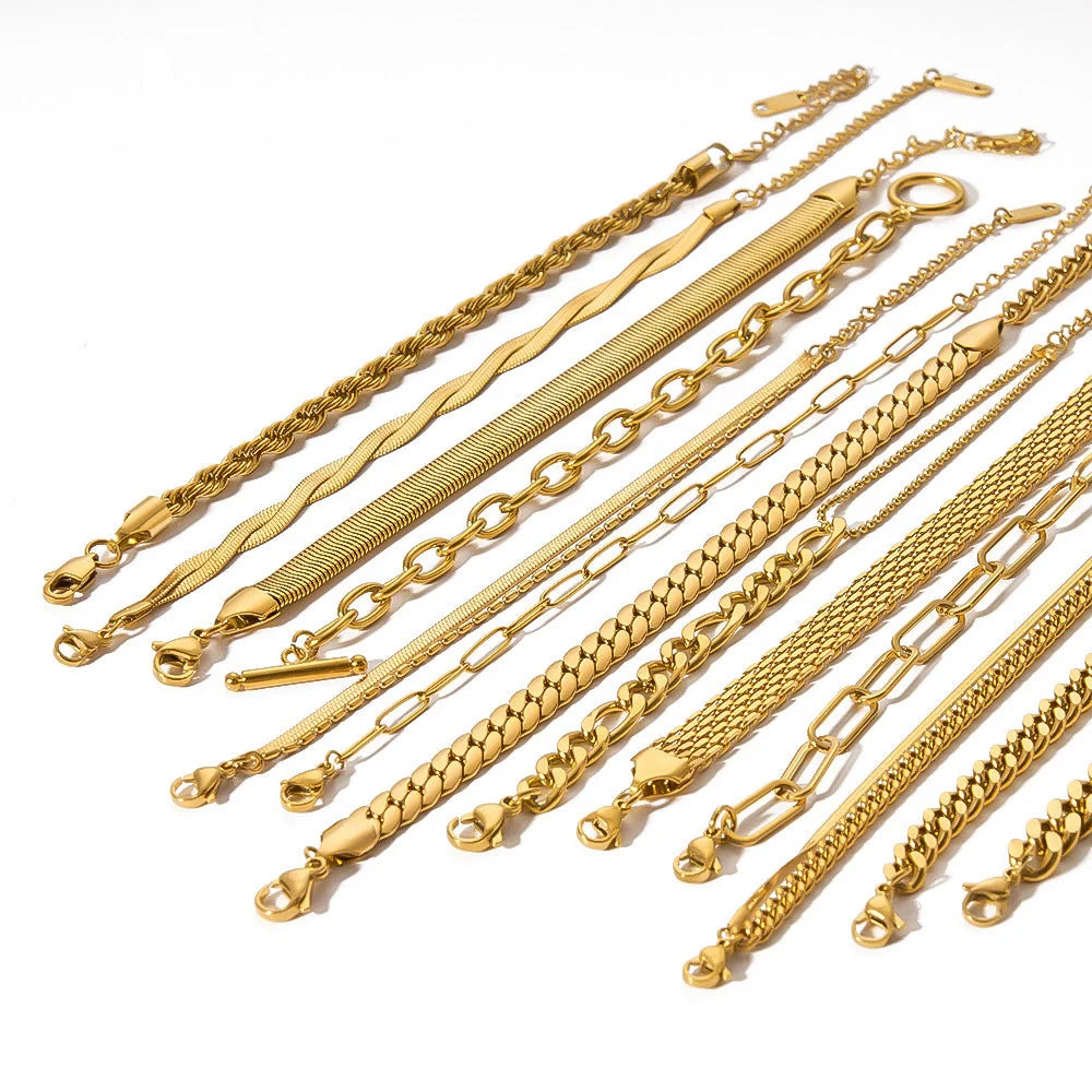 Elegant stainless steel bracelet with a sleek geometric design, gold-plated finish, and unisex style suitable for any occasion.