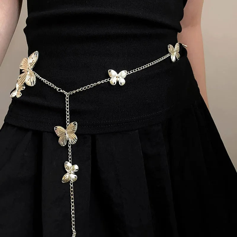 Gold or silver butterfly waist chain belt with alloy construction, measuring 104cm long.
