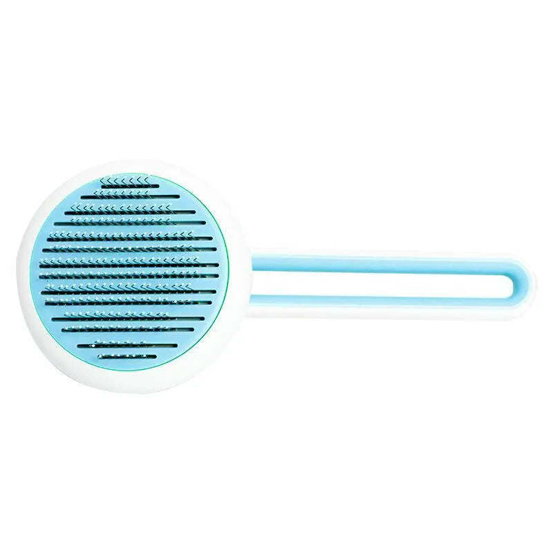 Automatic pet grooming brush with stainless steel teeth and coloured handle showing release button