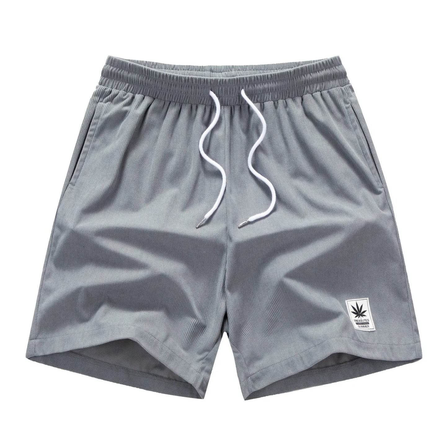 Men's straight-cut drawstring shorts in blue, shown on a model for summer casual wear.