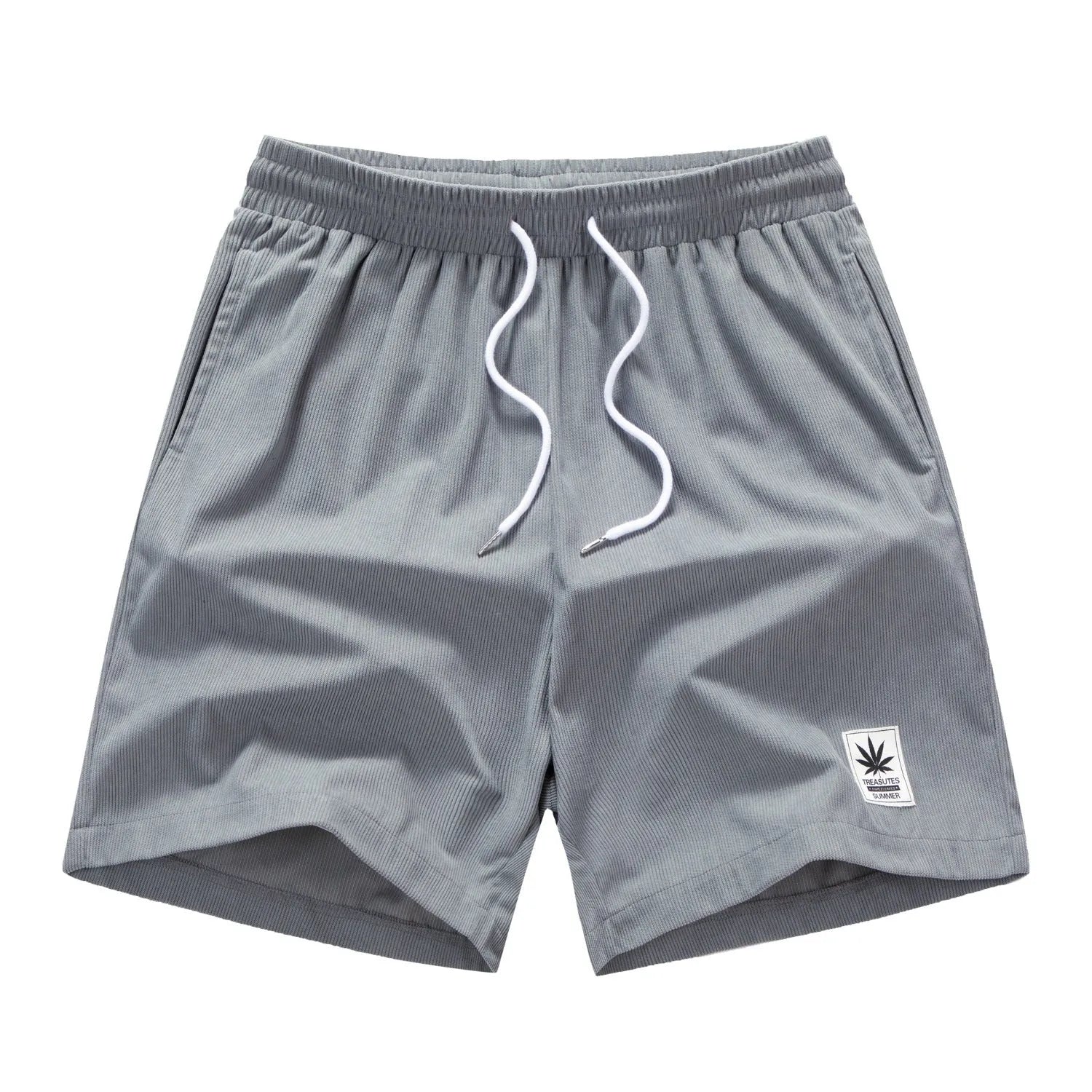 Men's straight-cut drawstring shorts in blue, shown on a model for summer casual wear.