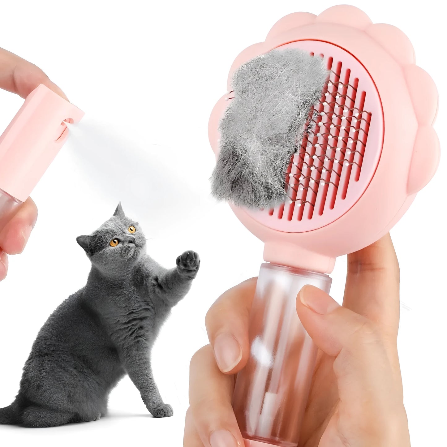 Spray cat brush with grey handle, stainless steel pins, and water spray function for grooming pets