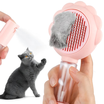 Spray cat brush with grey handle, stainless steel pins, and water spray function for grooming pets