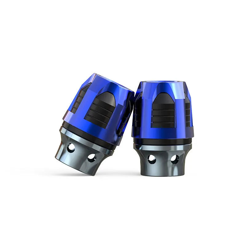 Aluminum alloy fork cups pair for electric cars, modified anti-drop cups compatible with front axle screws less than M14 specifications, CNC machined with anodic colouring in blue, gold, orange, red, or silver finish.