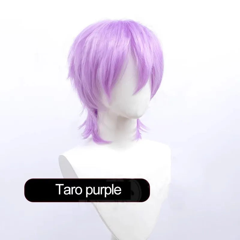 Short-length anime cosplay wig in high-temperature fibre on a stand.