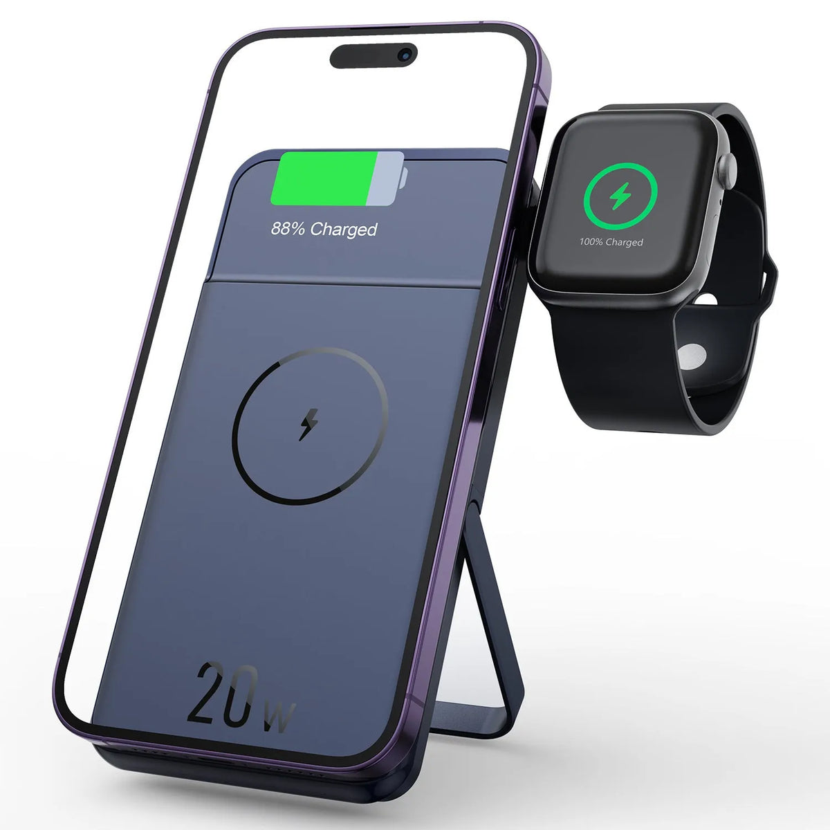 Black industrial style magnetic wireless power bank with 10000mAh capacity and bracket design