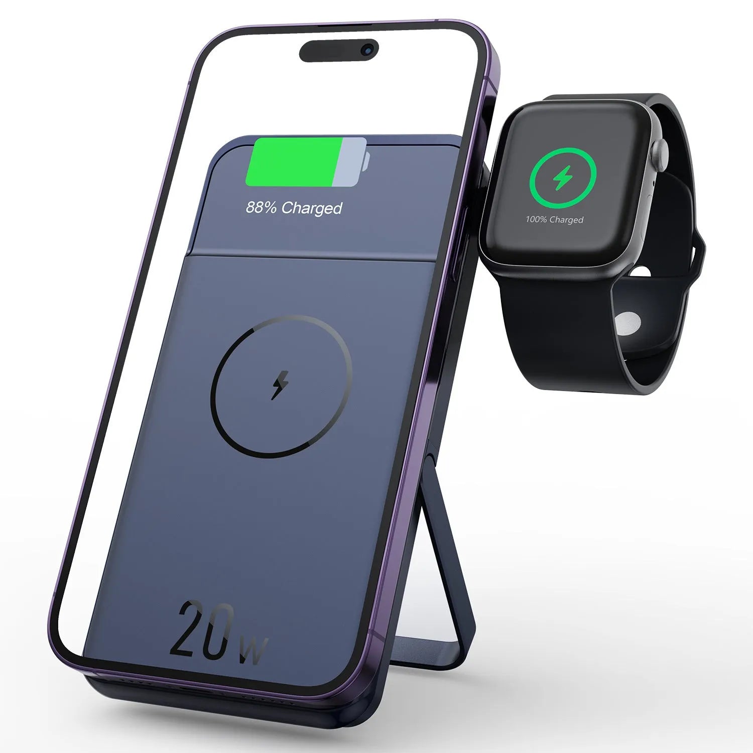 Black industrial style magnetic wireless power bank with 10000mAh capacity and bracket design