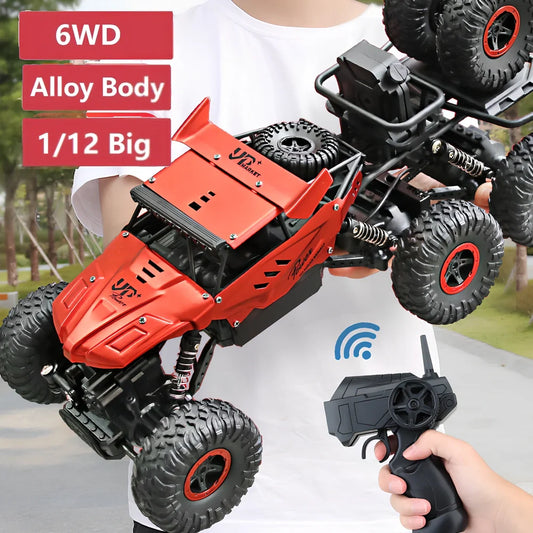 Black 38cm remote control climbing car with six wheels drifting on gravel, alloy chassis for kids aged 4-6