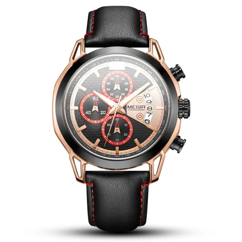 Men's black waterproof luminous quartz watch with leather strap and alloy case