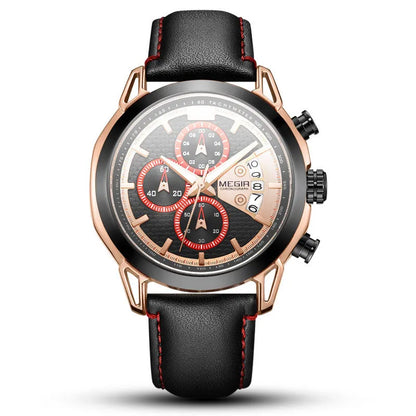 Men's black waterproof luminous quartz watch with leather strap and alloy case