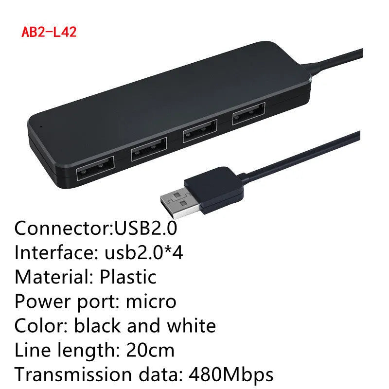 Black USB 3.0 hub with four ports, 30cm cable, and LED connection indicators
