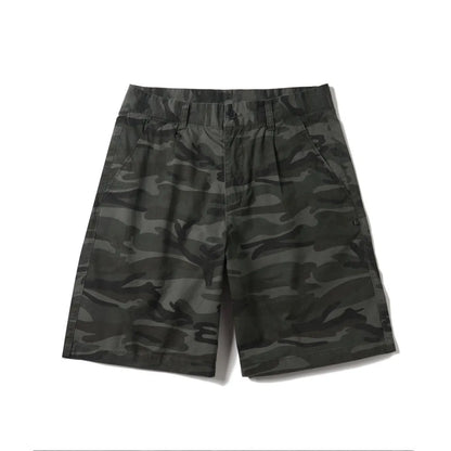 Men's casual shorts in cotton-spandex blend, straight loose fit, mid waist, button fly, available in green grey camo sizes S-3XL