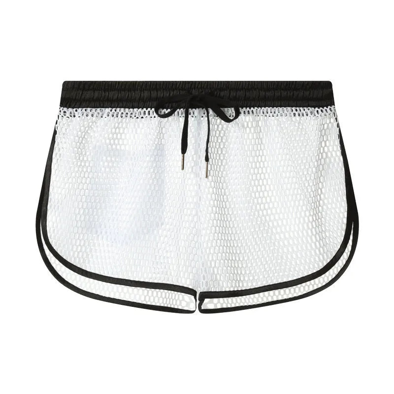 Men's solid colour loose fit polyester boxer shorts shown in black, white, grey, and red.