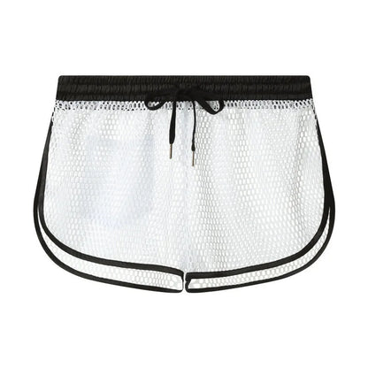 Men's solid colour loose fit polyester boxer shorts shown in black, white, grey, and red.