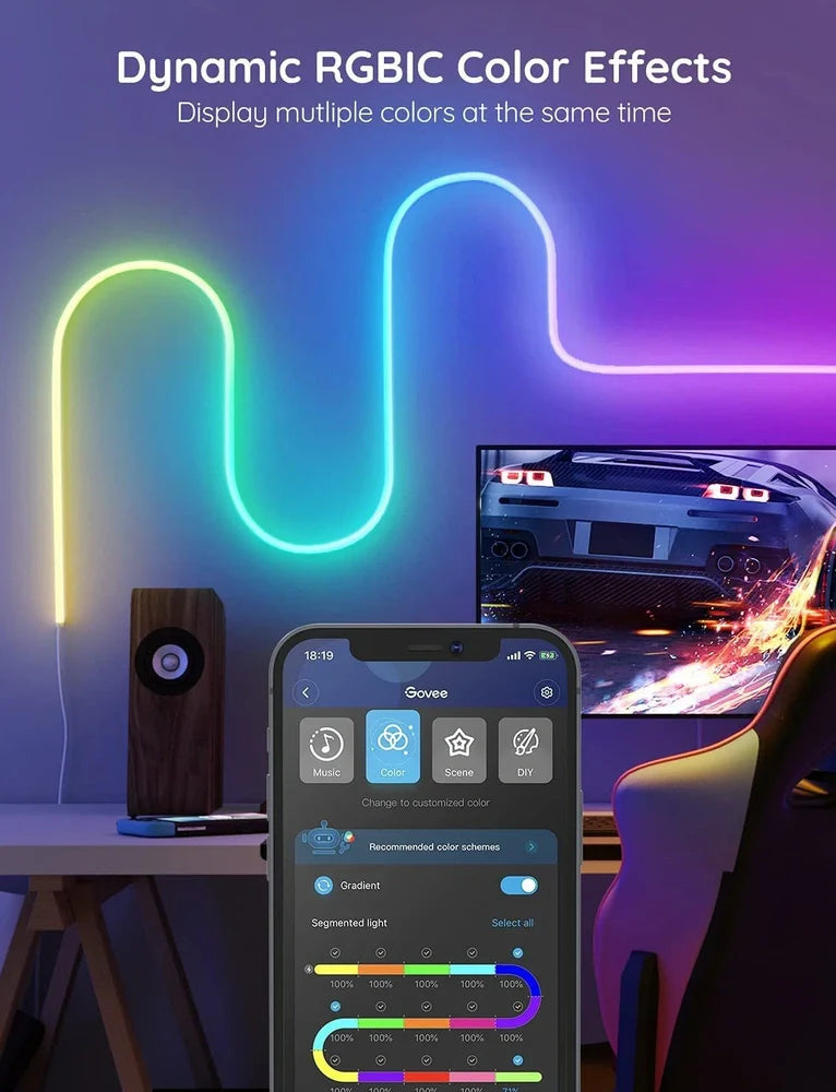 12V/24V Bluetooth WiFi RGBIC music neon light strip with 84 LED beads and waterproof construction