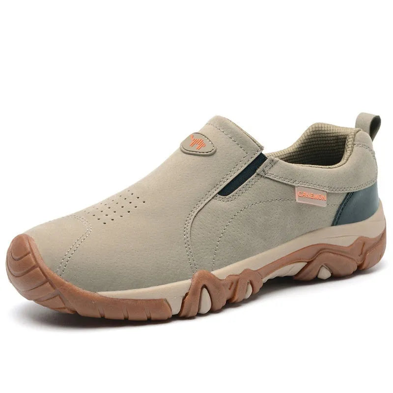 Men's suede low-top casual shoes in khaki with a rubber sole and mesh lining, shown on a white background.