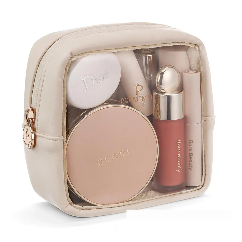 Leather Cosmetic Bag PVC Transparent Waterproof Organiser Travel Toiletry Case with Dry Wet Separation and Expansion Storage in Multiple Sizes and Colours