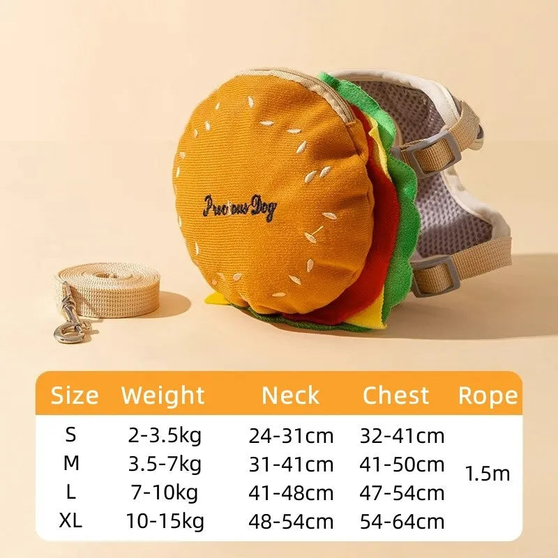 Cartoon hamburger chips design adjustable pet vest leash rope with backpack in multiple sizes