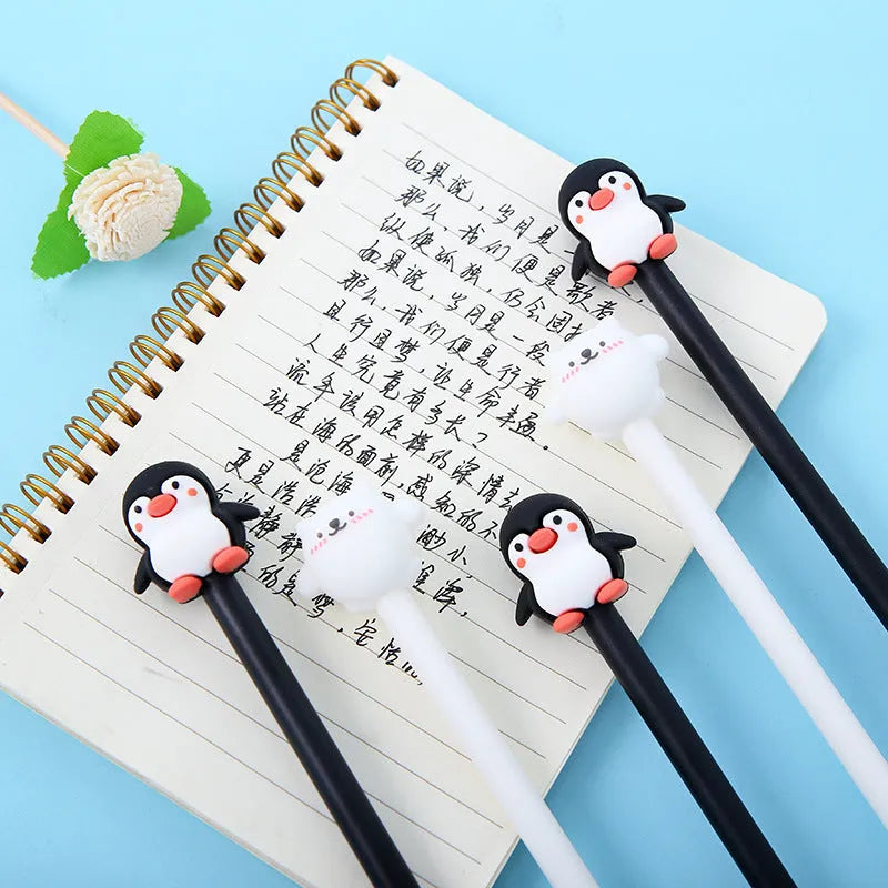 Korean cartoon penguin design silicone gel pen with 0.5mm black ink, in peacock blue and black colour options.