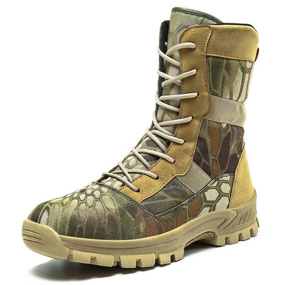 Men's plus size high-top Martin boots with mesh upper and totem detailing in black and camouflage colours