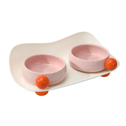 Ceramic raised pet bowl set with two bowls on non-slip base for cats and small dogs