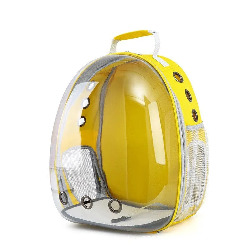 Grey PC plastic side opening pet carrier backpack for cats on a white background.