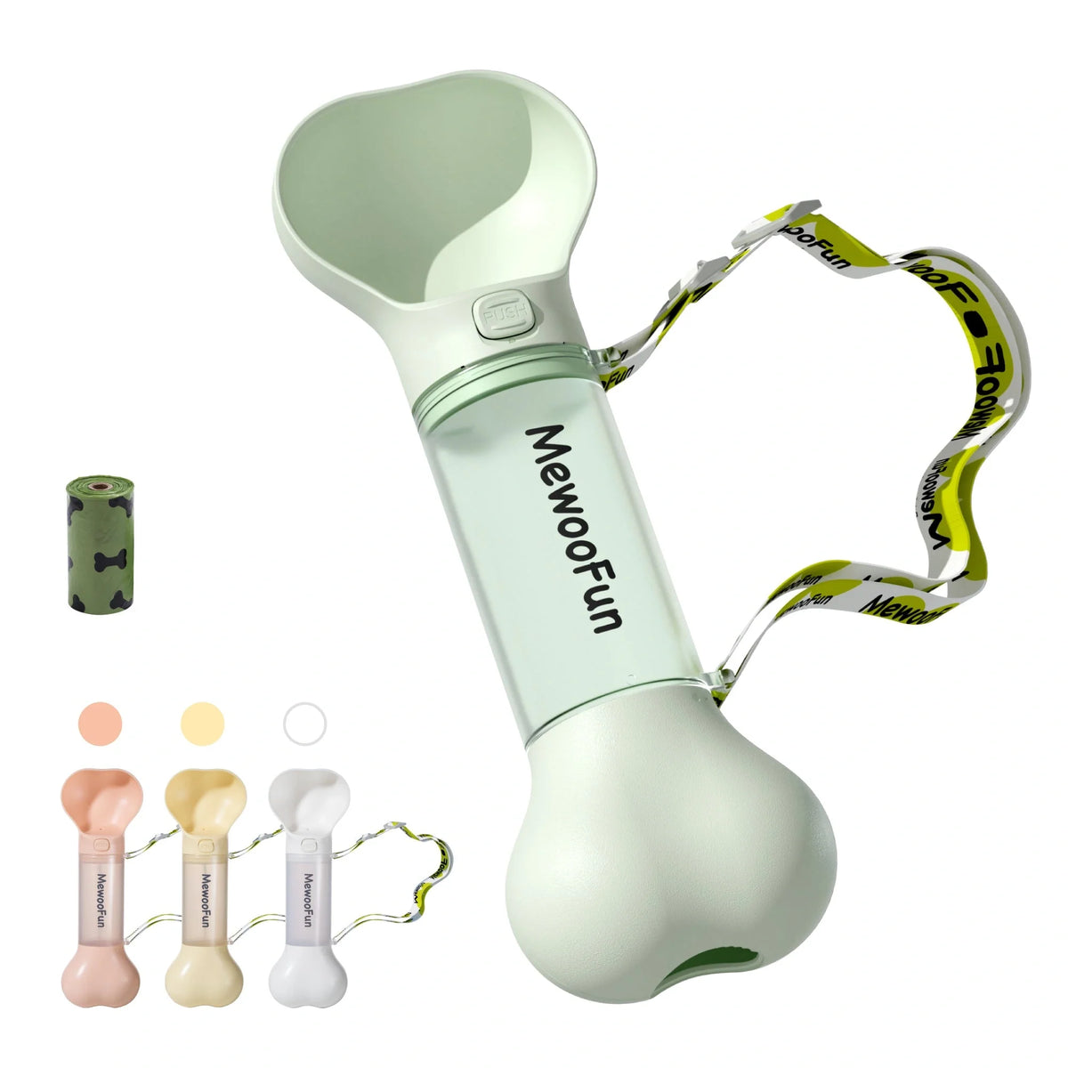 Mewoofun 2-in-1 pet water bottle and feeder bowl in white, green, yellow, and pink