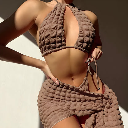Brown seersucker three-piece women's swimsuit with lace-up design